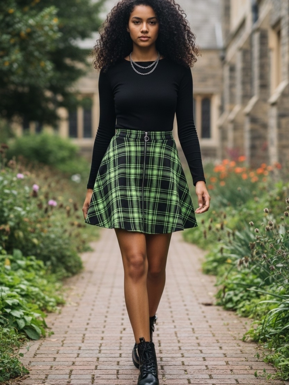 Hot Topic Black and Lime Green Plaid Mini Skirt with Front Zip
